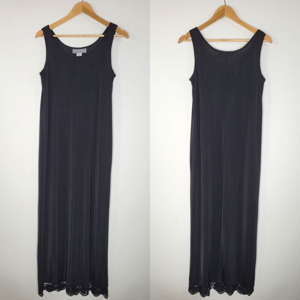 Vtg CAROL ANDERSON Black Maxi Dress Size L Crochet Lace Hem 90s Grunge Romantic